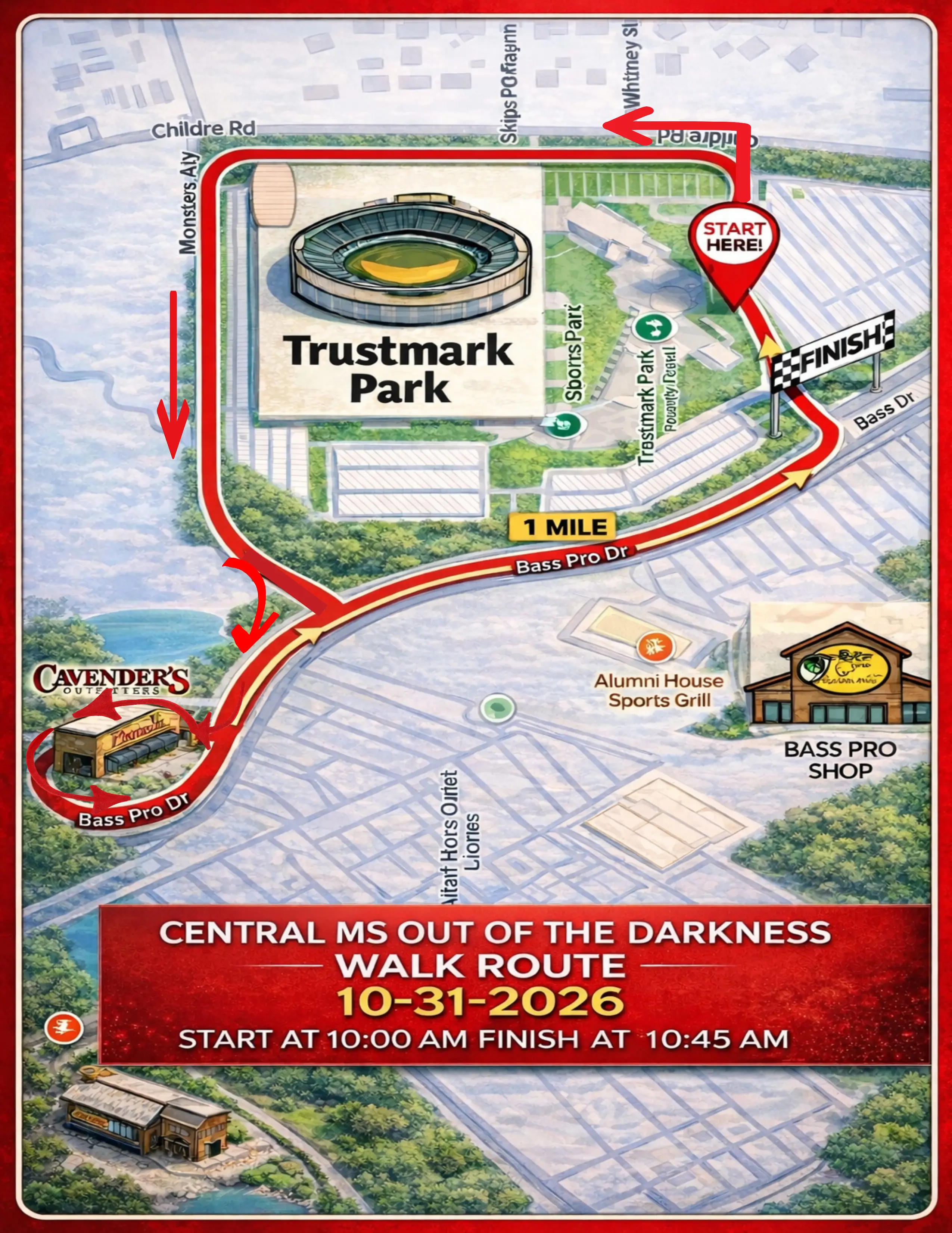 Central MS Out of the Darkness Walk route map around Trustmark Park, Pearl MS, dated 10-31-2026, starting at 10:00 AM and finishing at 10:45 AM.